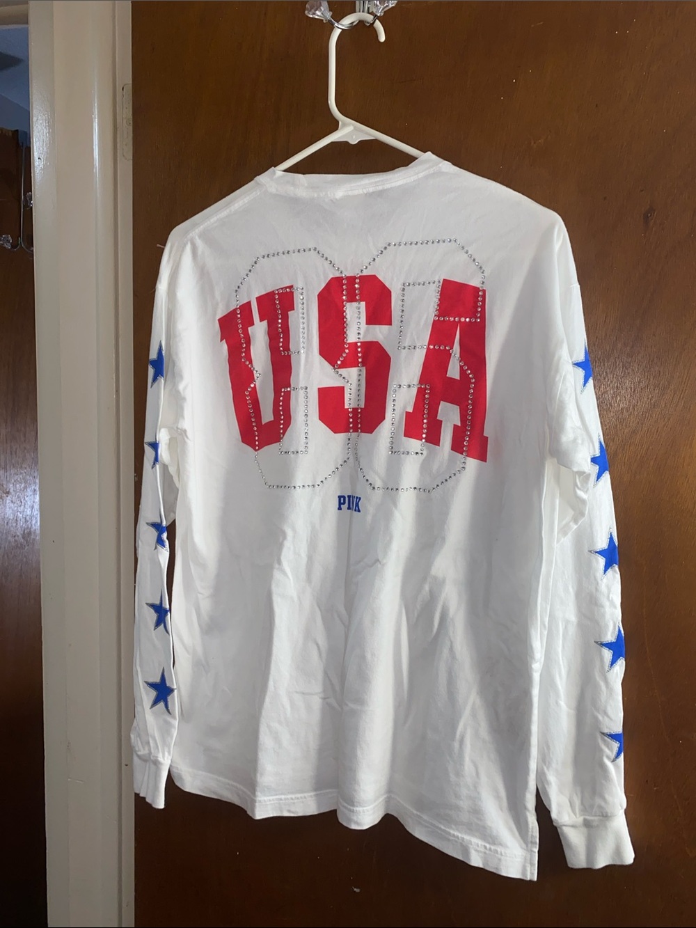 Victoria’s Secret pink USA Long Sleeve Graphic Tee - White with Red & Blue Stars